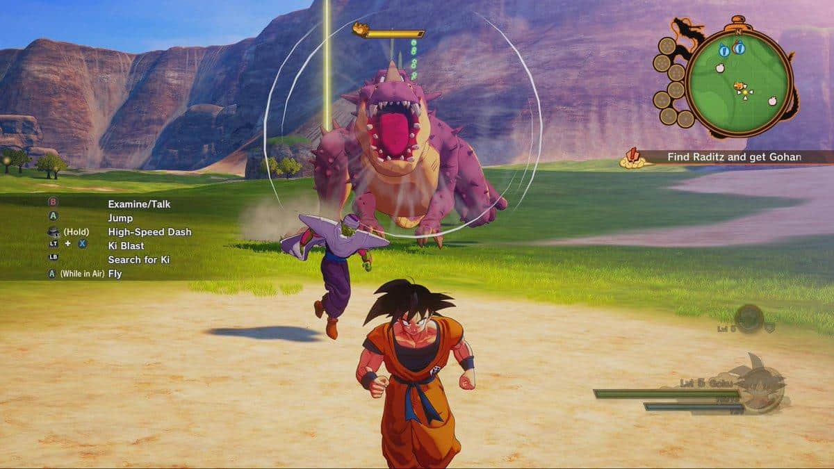 Dragon Ball Z Kakarot: Goku e Piccolo affrontano un dinosauro